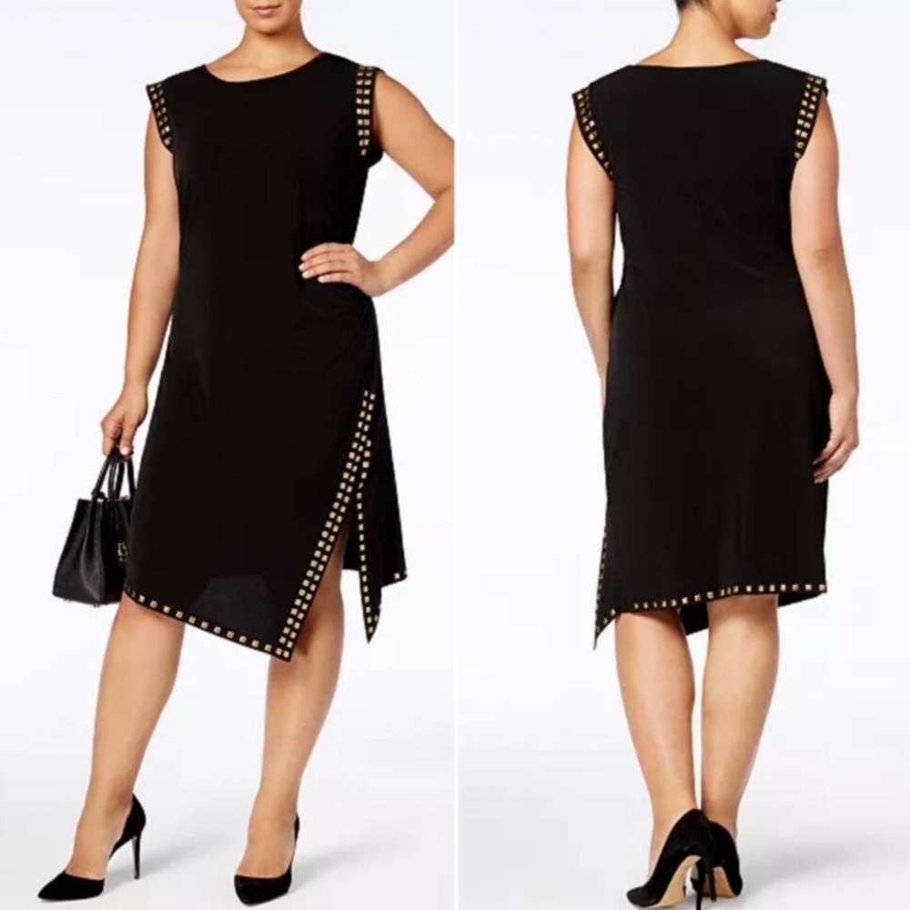 Michael Kors Side Slit Gold Studded Black Dress Ruched Side Asymmetrical Hem